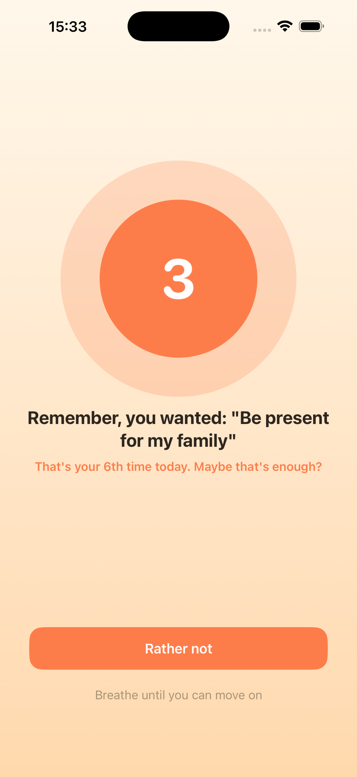 MindfulPause breathing pause screen asking: think again, do you really need this right now?