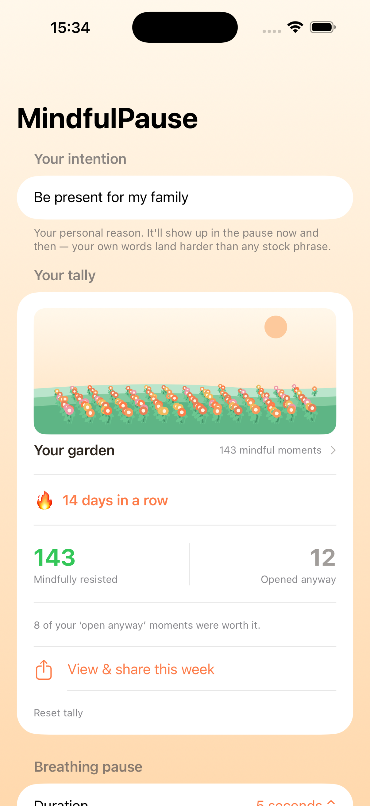 MindfulPause record screen: 143 mindful choices, a 14 day streak
