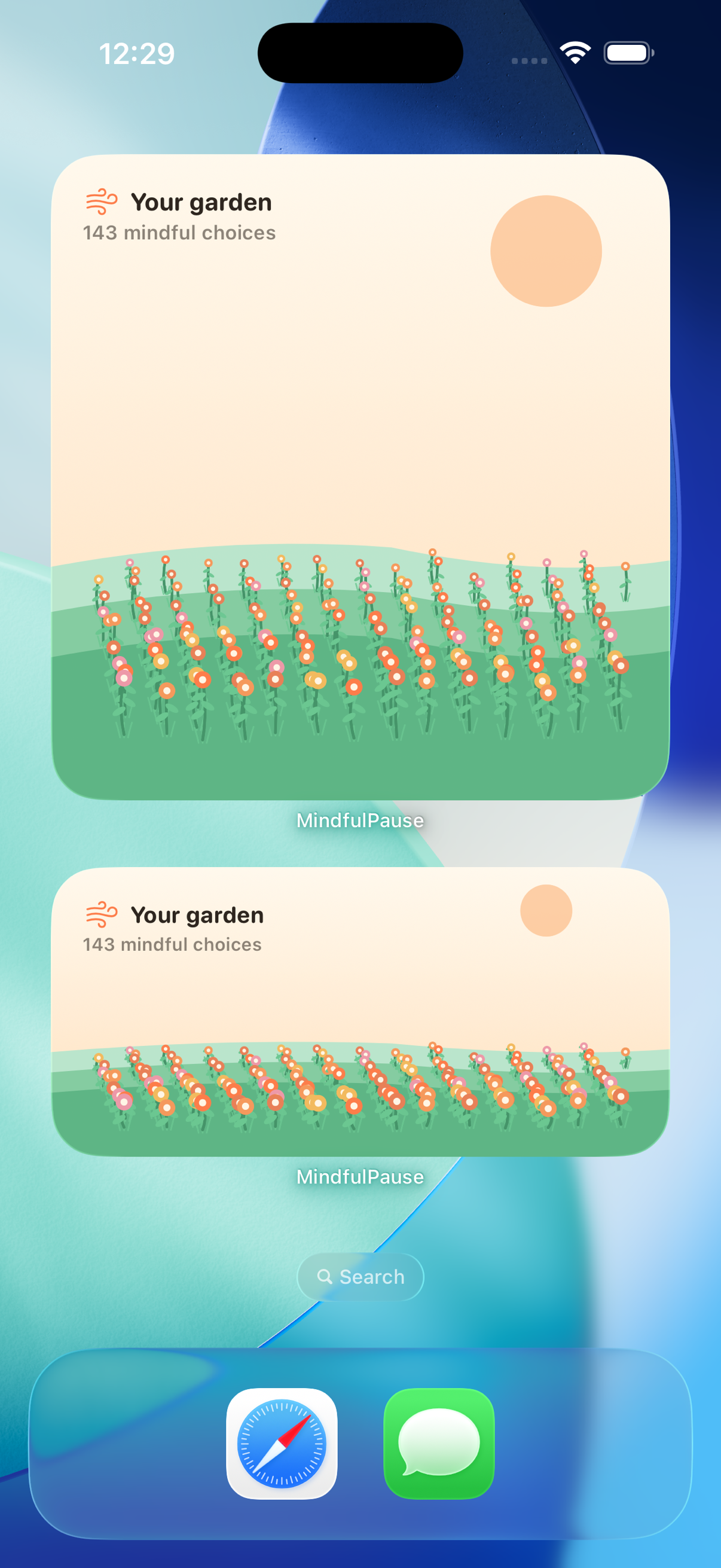 MindfulPause garden widget on the iOS home screen in large and medium: 143 mindful choices