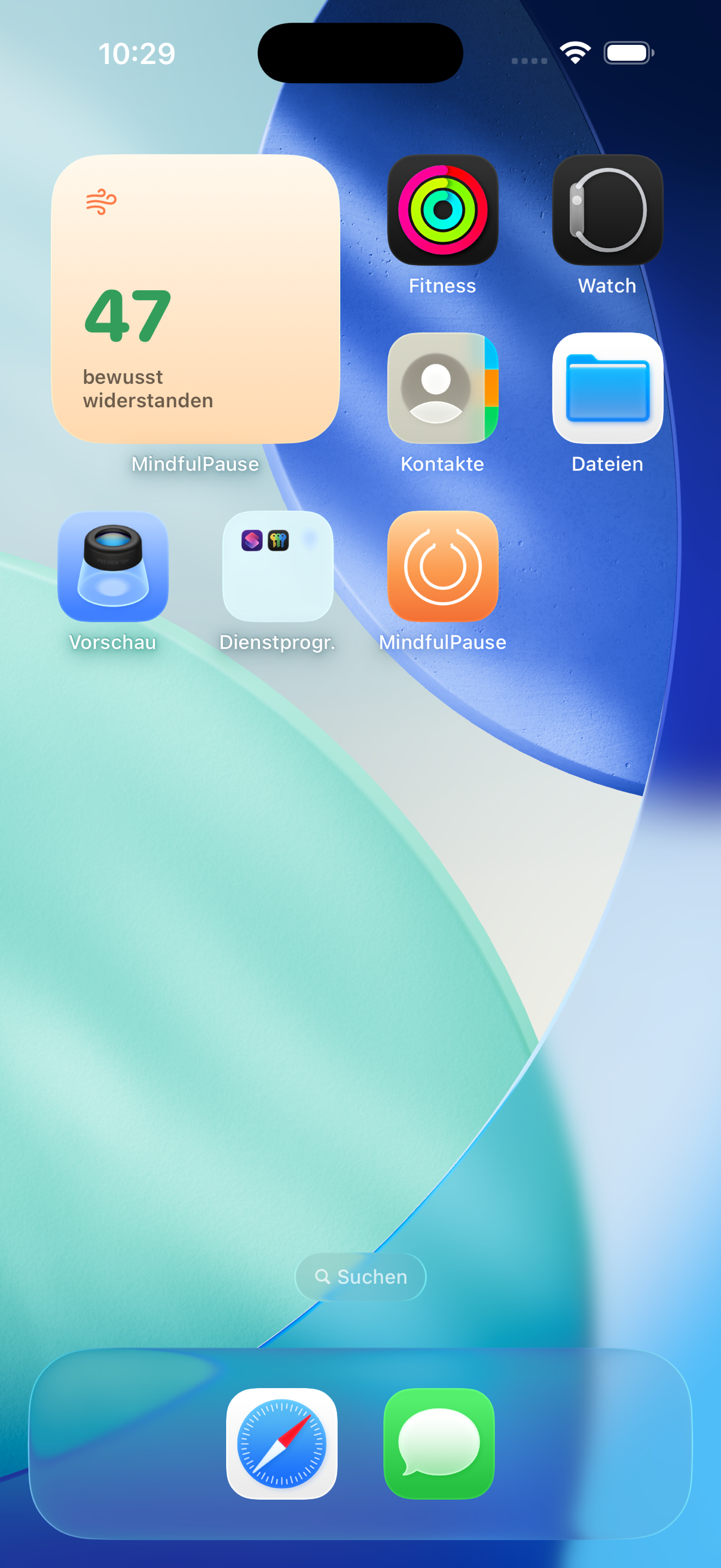 MindfulPause Zähl-Widget auf dem iOS-Home-Screen: 47-mal bewusst widerstanden